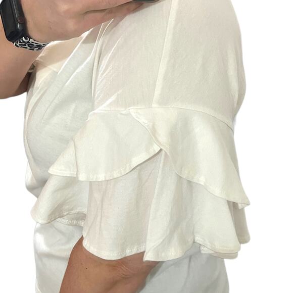 Worthington (M) Ruffle Short Bell Sleeve Split V Neck Blouse Tee Top Placket - Picture 9 of 12